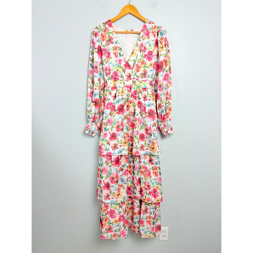 JessaKae Floral Tiered Maxi Dress Small Pink Orange Long Sleeve V-Neck Smocked